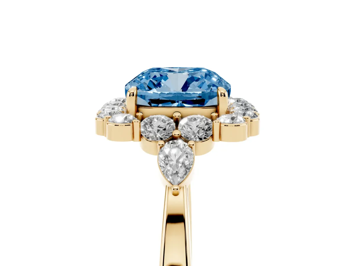 Fancy Blue Cushion Cut Diamond Halo Ring with Pear Side Stones and Prong Setting Yellow gold