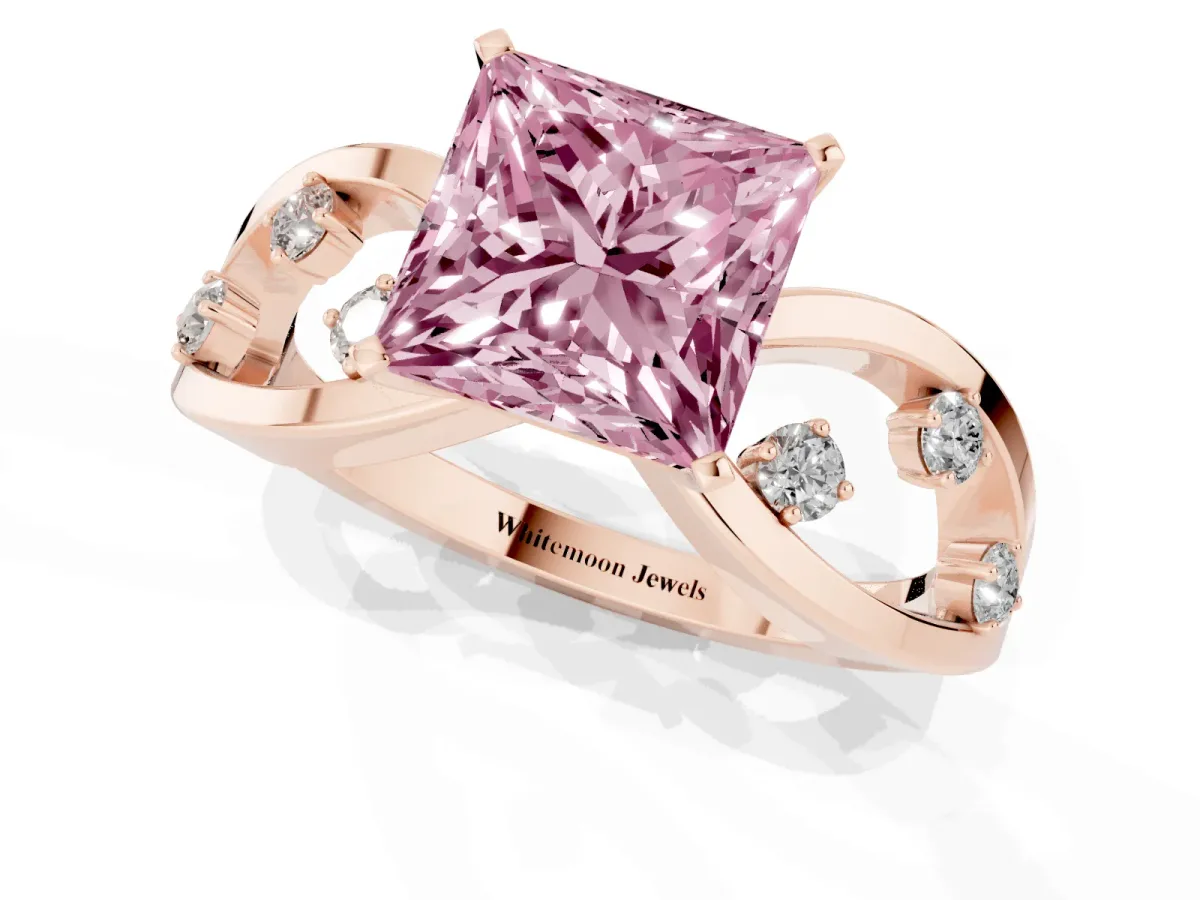 Fancy Pink Princess Cut Cut Solitaire Diamond with Side Stones on Criss-Cross Band and Four-Prong Setting Rose gold