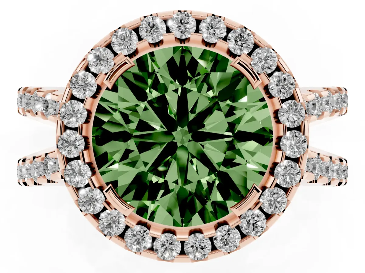 Fancy Green Round Cut Diamond Halo Ring with Split Shank Pavé Band and Prong Setting Rose gold