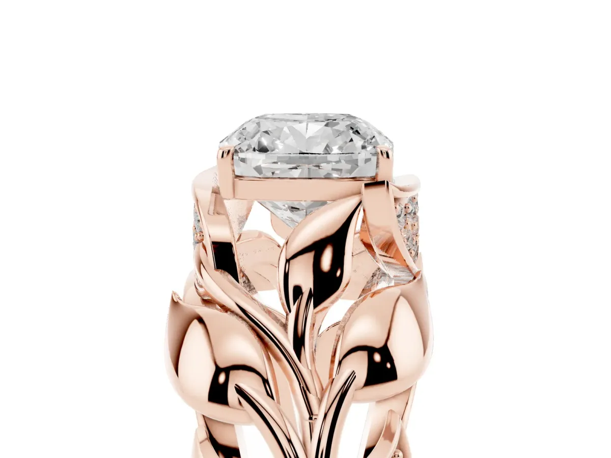 Cushion Cut Diamond Leaf-Inspired Engagement Ring with Round Accents and Prong Setting Rose gold