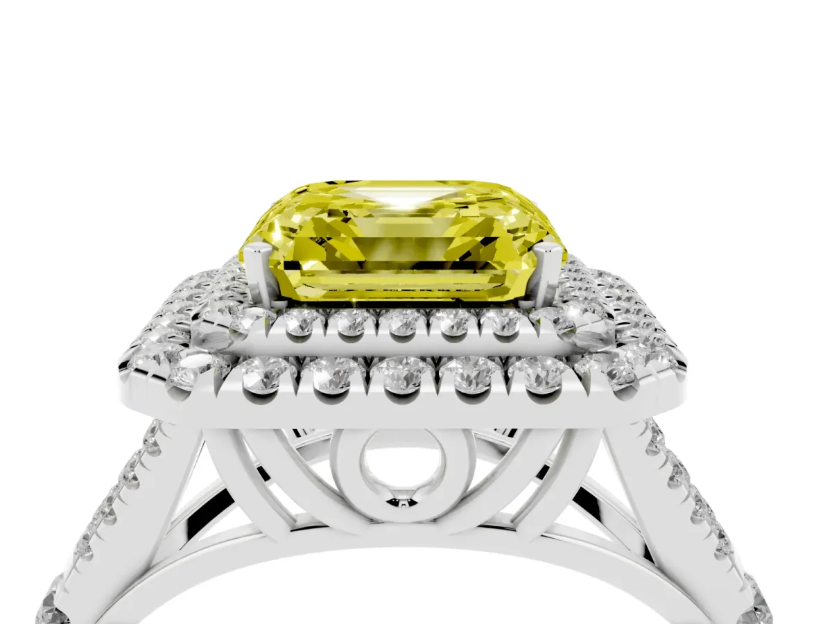 Fancy Yellow Asscher Cut Cut Double Halo Split Shank Diamond Ring with Prong Setting Platinum
