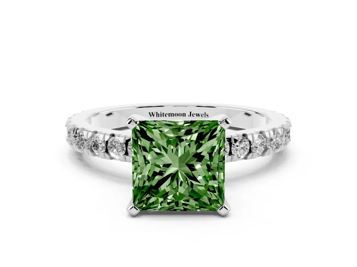 Fancy Green Princess Cut Diamond Pavé Band Solitaire with Four-Prong Setting White gold
