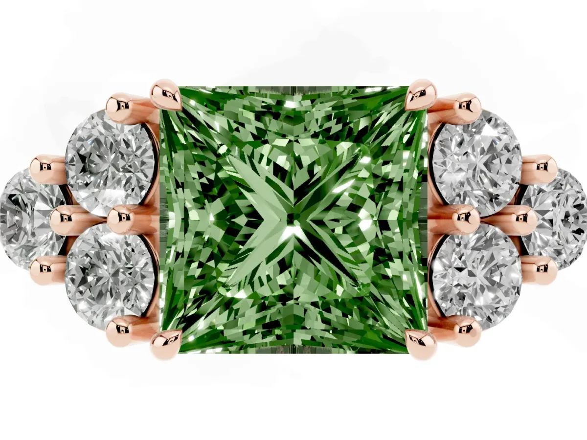 Fancy Green Princess Cut Brilliant Diamond Cluster Accent Solitaire Ring with Prong Setting Rose gold