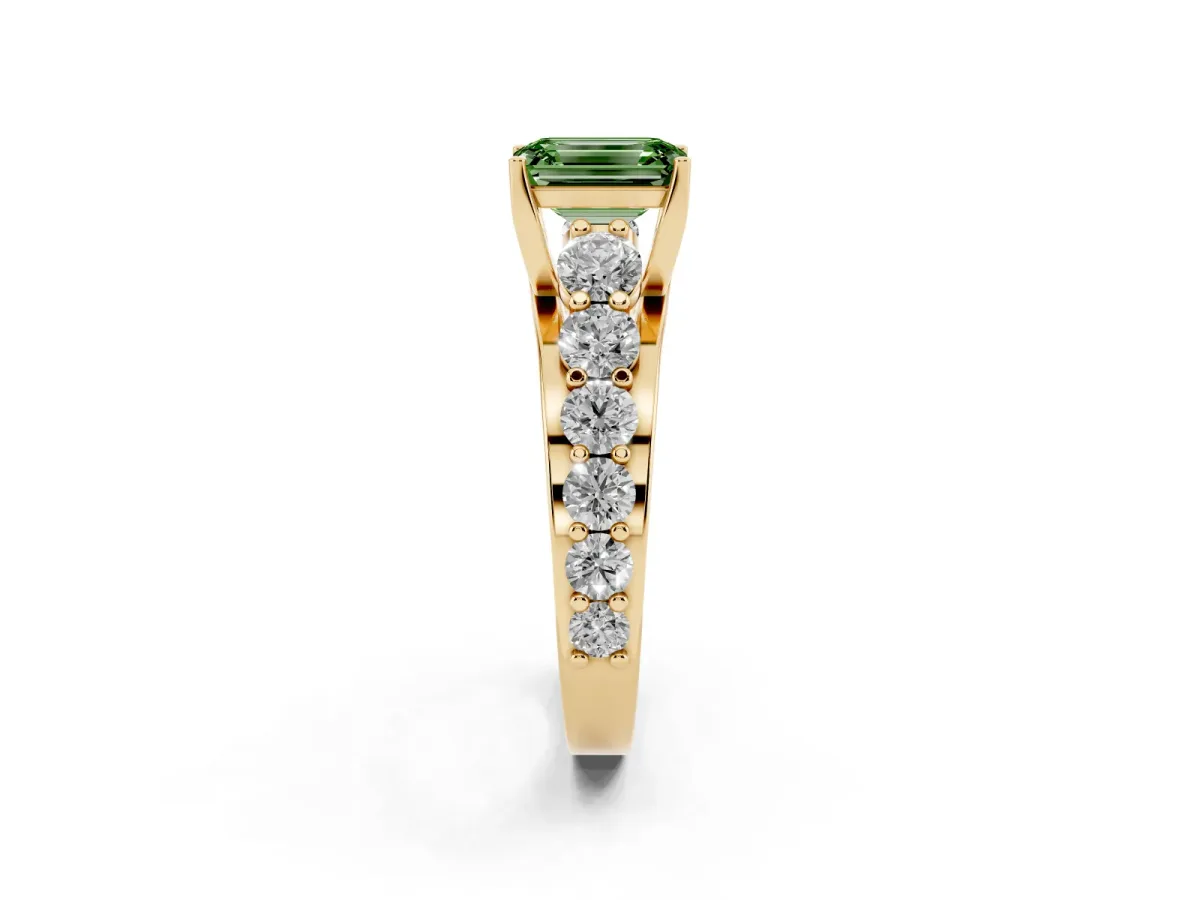 Fancy Green Emerald Cut Diamond Engagement Ring with Pavé Band and Four-Prong Setting Yellow gold