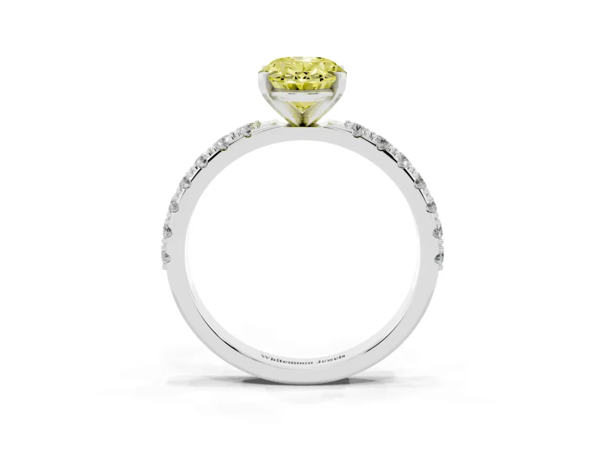 Fancy Yellow Oval Cut Diamond Solitaire Pavé Band with Four-Prong Setting Silver