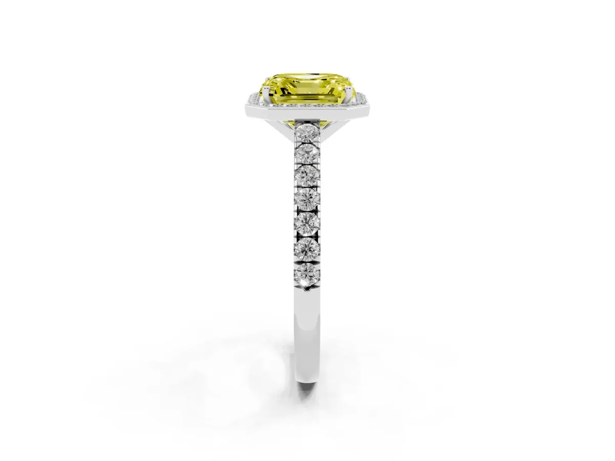 Fancy Yellow Asscher Cut Cut Halo Diamond Engagement Ring with Pave Band and Four-Prong Setting Platinum