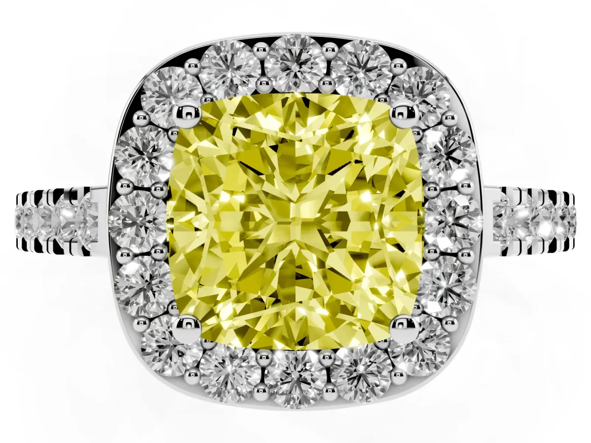 Fancy Yellow Cushion Cut Diamond Halo Ring with Round Pavé Split Shank and Prong Setting Silver