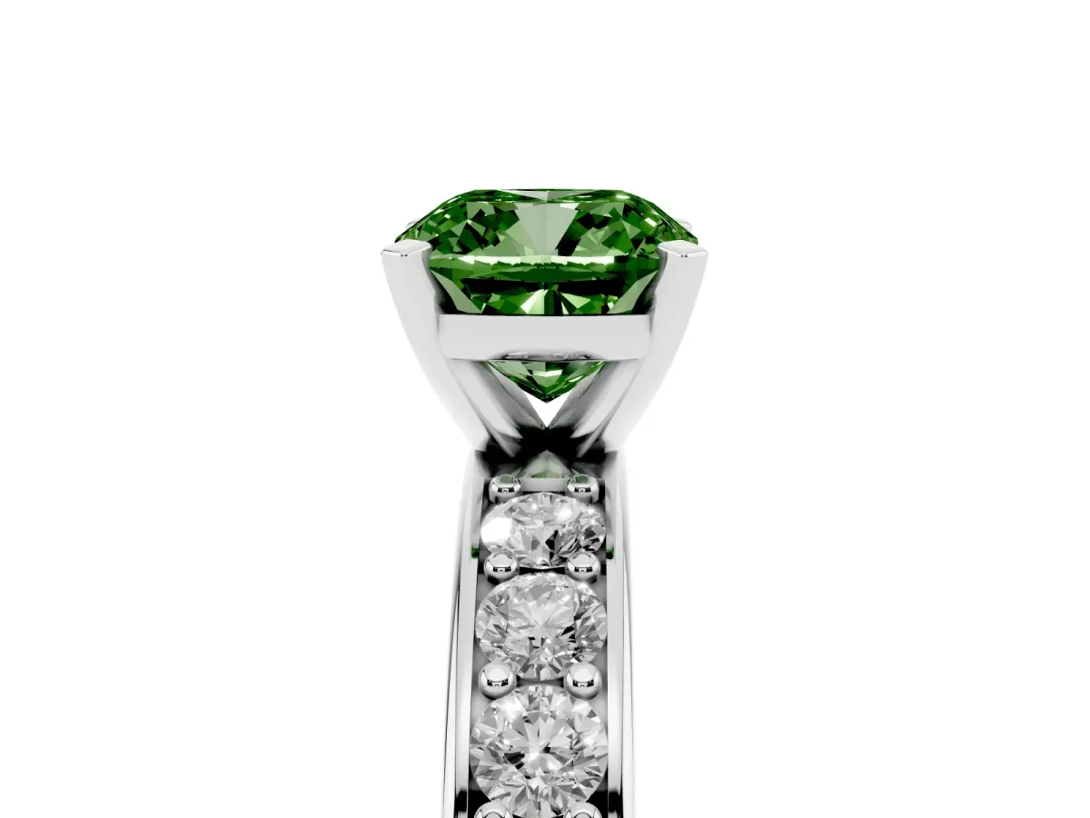 Fancy Green Cushion Cut Diamond Engagement Ring with Channel Set Round Band and Prong Setting Silver