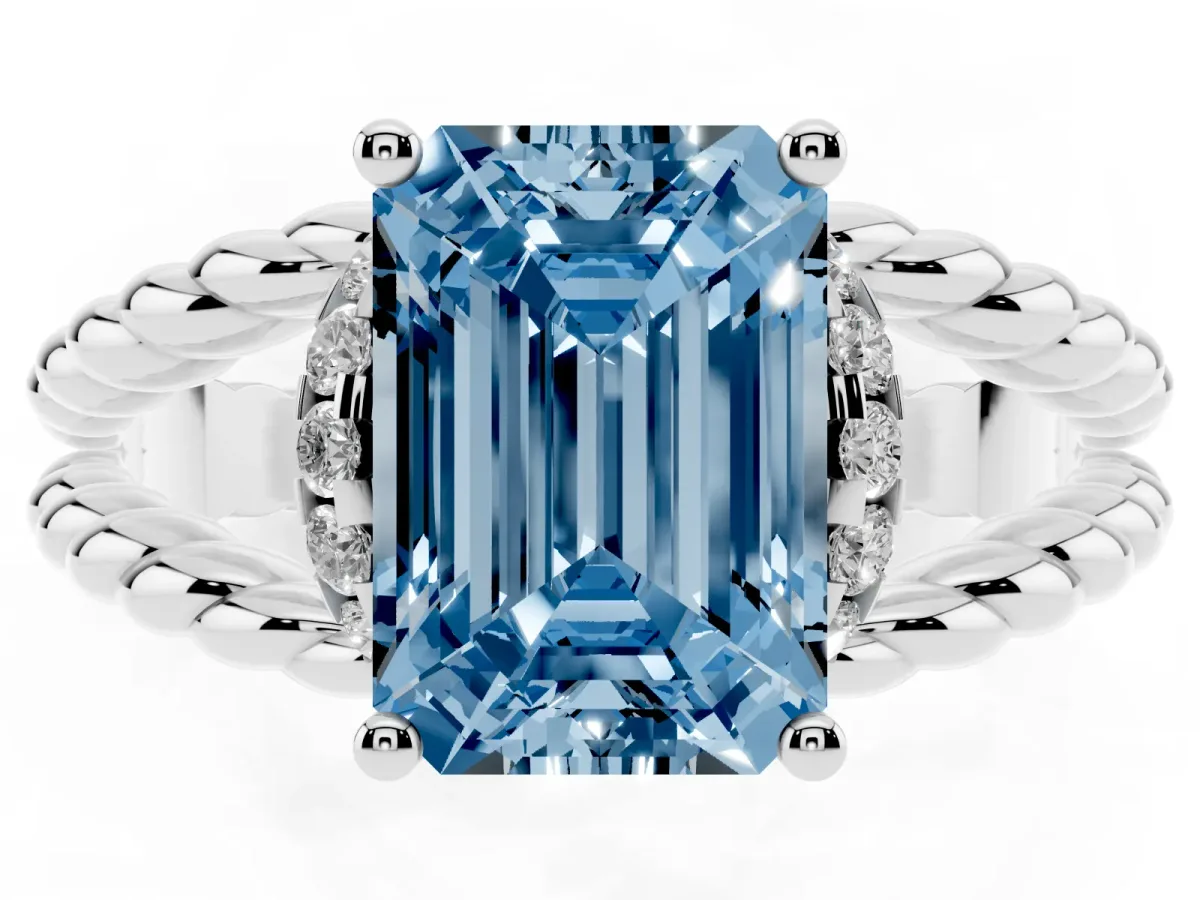 Fancy Blue Emerald Cut Halo Twisted Band Four-Prong Ring Silver