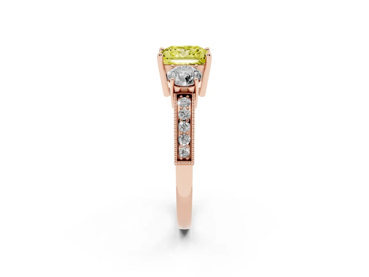 Fancy Yellow Princess Cut Three-Stone Diamond Ring with Pavé Band and Four-Prong Setting Rose gold