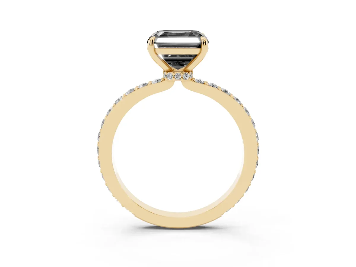 Fancy Black Asscher Cut Diamond Solitaire Engagement Ring with Pavé Band and Four-Prong Setting Yellow gold