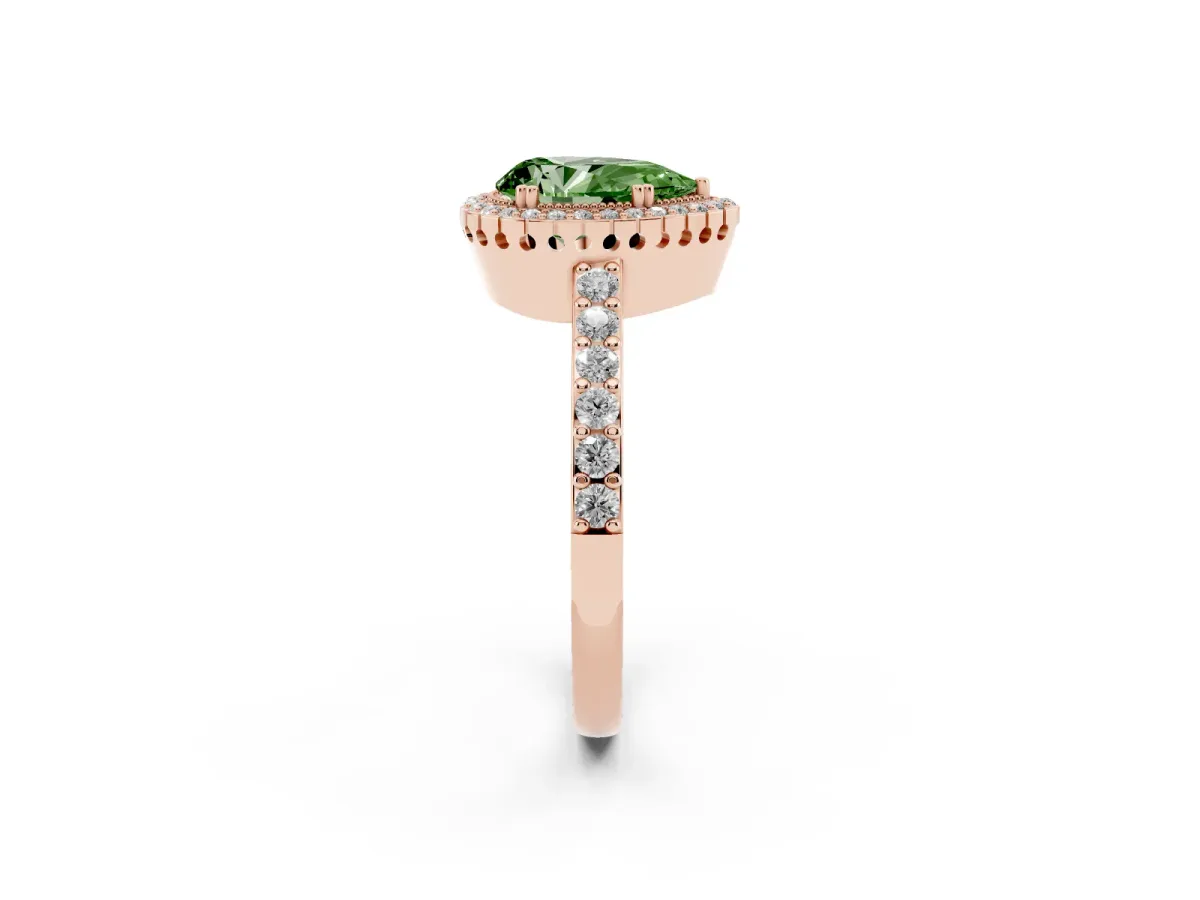 Fancy Green Pear Cut Cut Diamond Halo Engagement Ring with Milgrain Detail and Pavé Band Rose gold