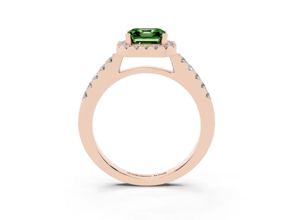 Fancy Green Asscher Cut Halo Diamond Pavé Solitaire Ring Rose gold