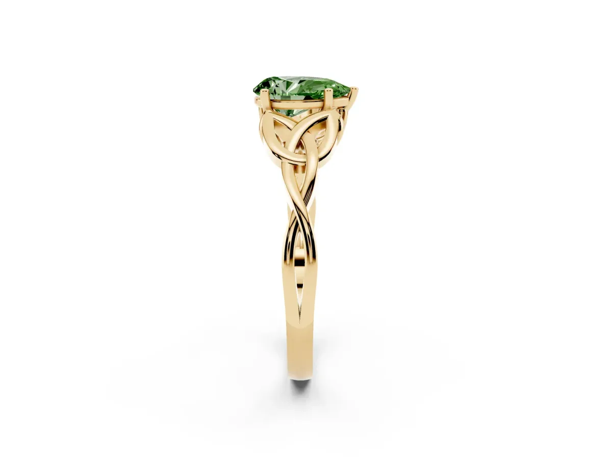 Fancy Green Pear Cut Diamond Solitaire Engagement Ring with Celtic Knot Band and Four-Prong Setting Yellow gold
