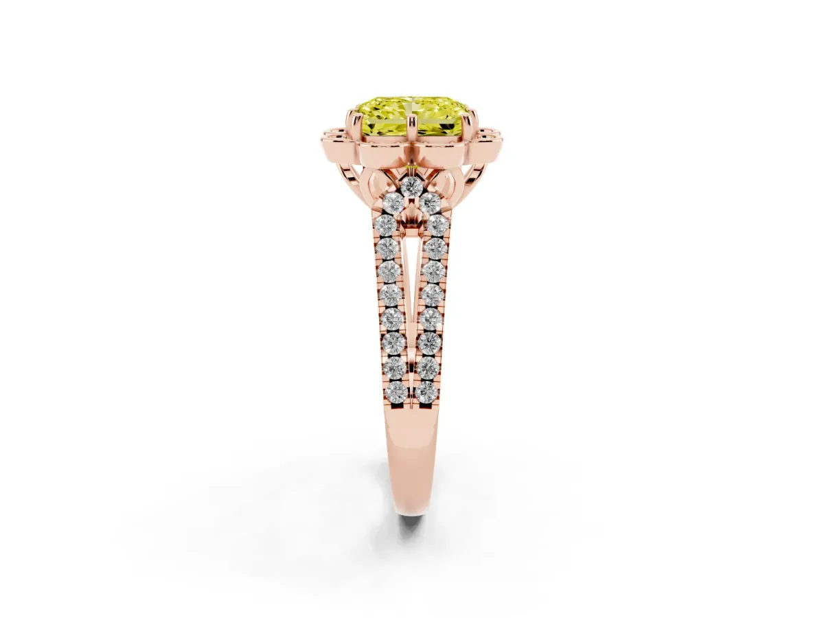 Fancy Yellow Radiant Cut Halo Diamond Floral Split Shank Engagement Ring Rose gold