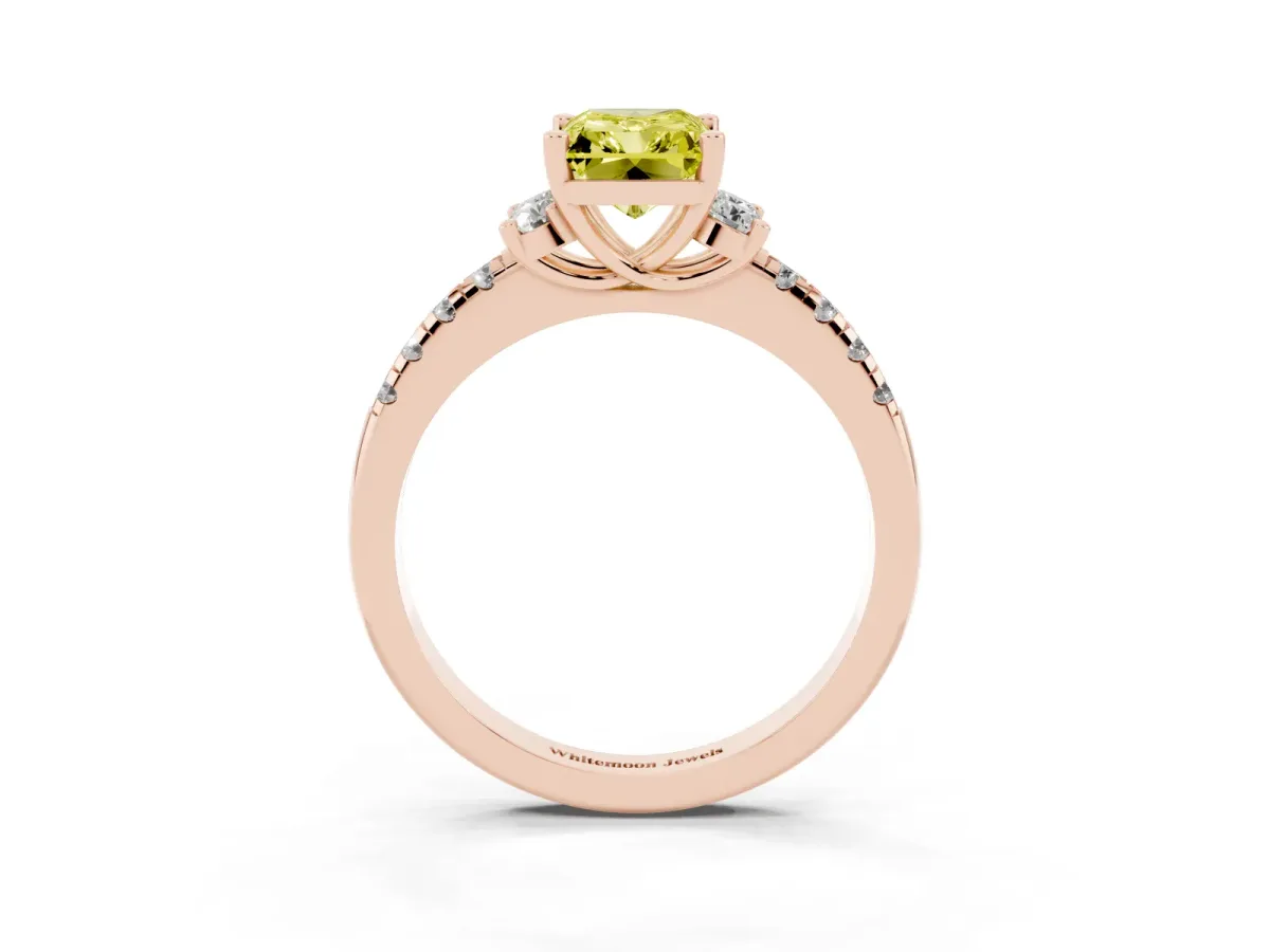 Fancy Yellow Radiant Cut Diamond Three-Stone Pave Band with Four-Prong Setting Rose gold