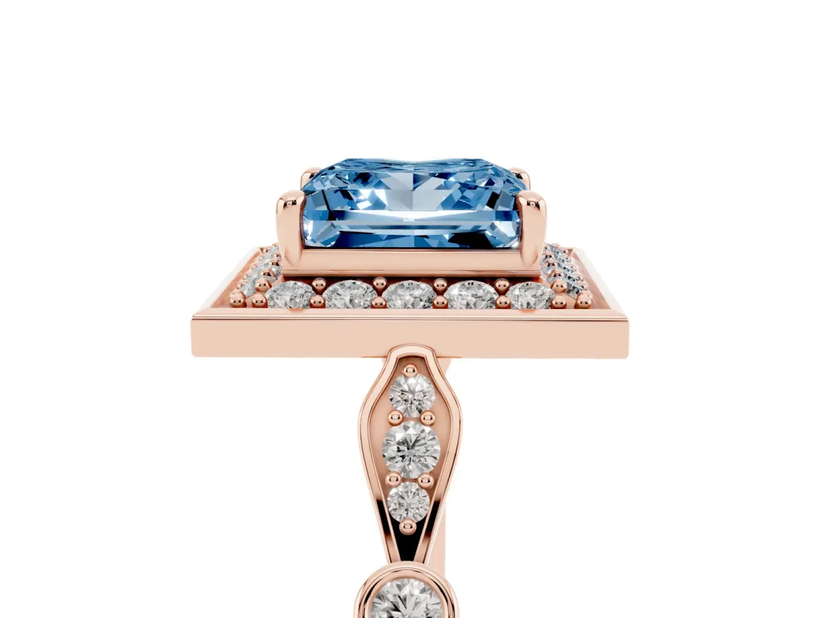 Fancy Blue Princess Cut Halo Diamond Engagement Ring with Twisted Band and Four-Prong Setting Rose gold