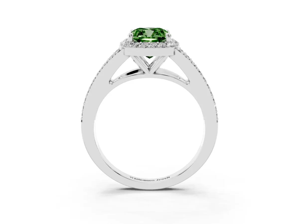 Fancy Green Cushion Cut Halo Split Shank Pave Diamond Ring with Four-Prong Setting Silver