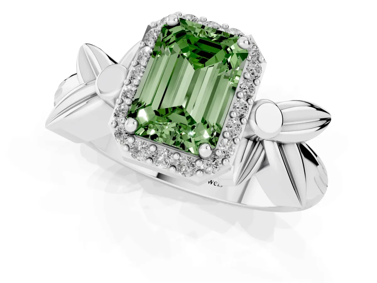 Fancy Green Emerald Cut Halo Diamond Floral Band with Four-Prong Setting Platinum