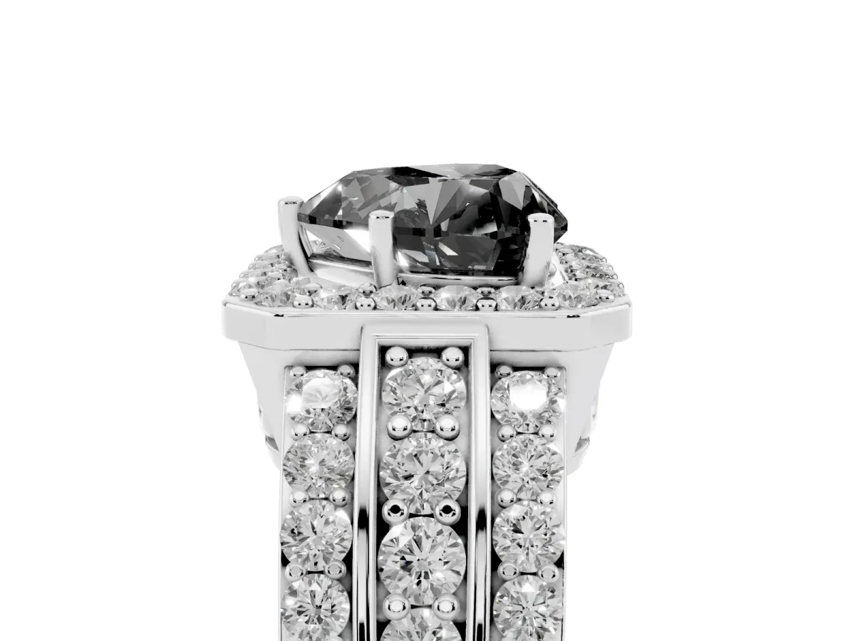 Fancy Black Heart Cut Halo Diamond Ring with Round Split Shank and Prong Setting Silver