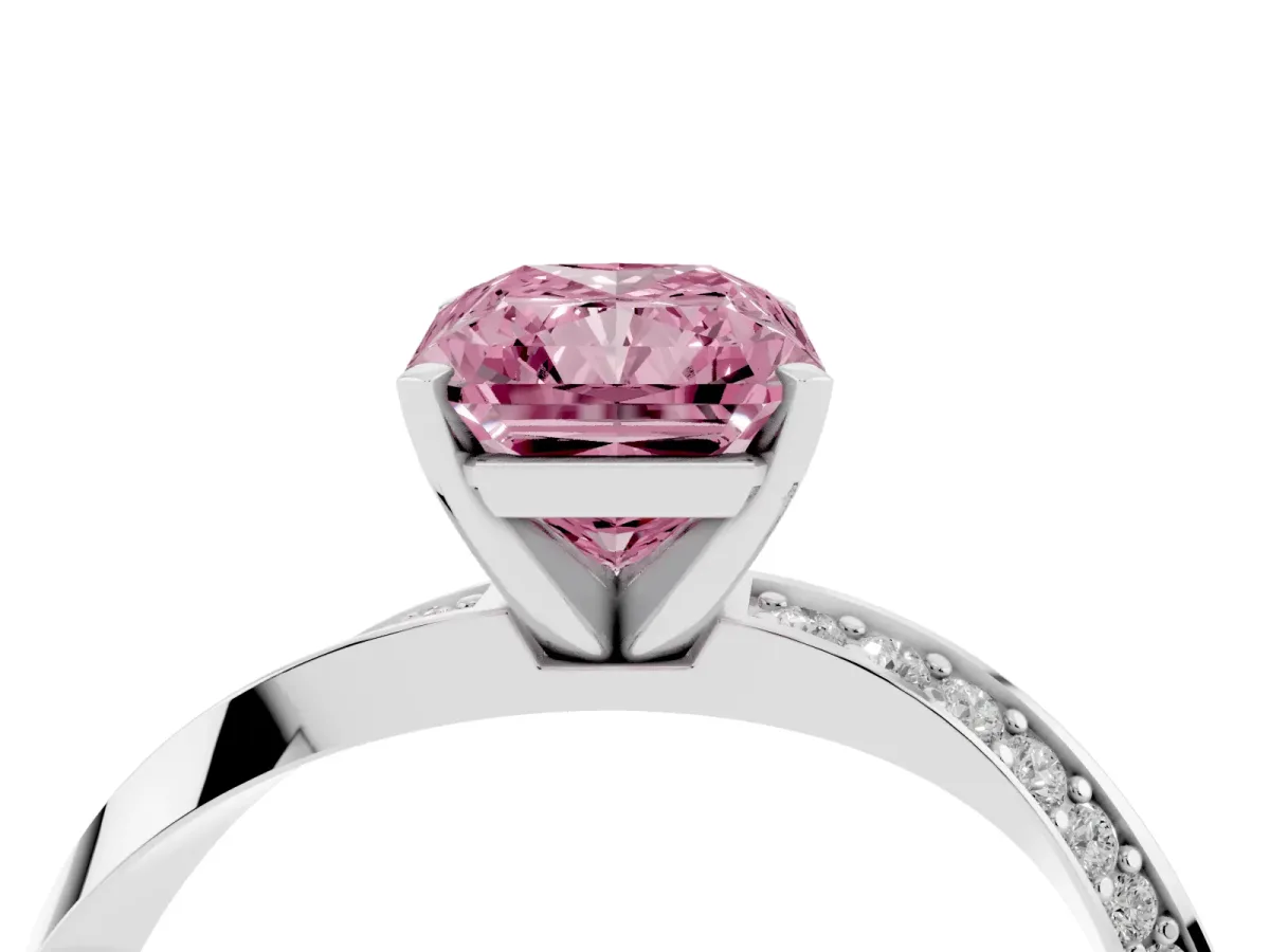 Fancy Pink Radiant Cut Diamond Engagement Ring with Side Stone Accents and Four-Prong Setting White gold