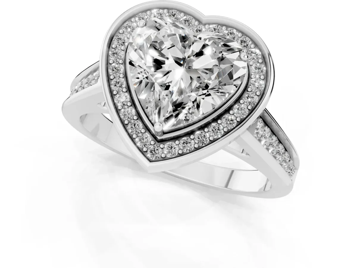 Heart Cut Halo Solitaire Diamond Ring with Pave Band and Bezel Setting Platinum