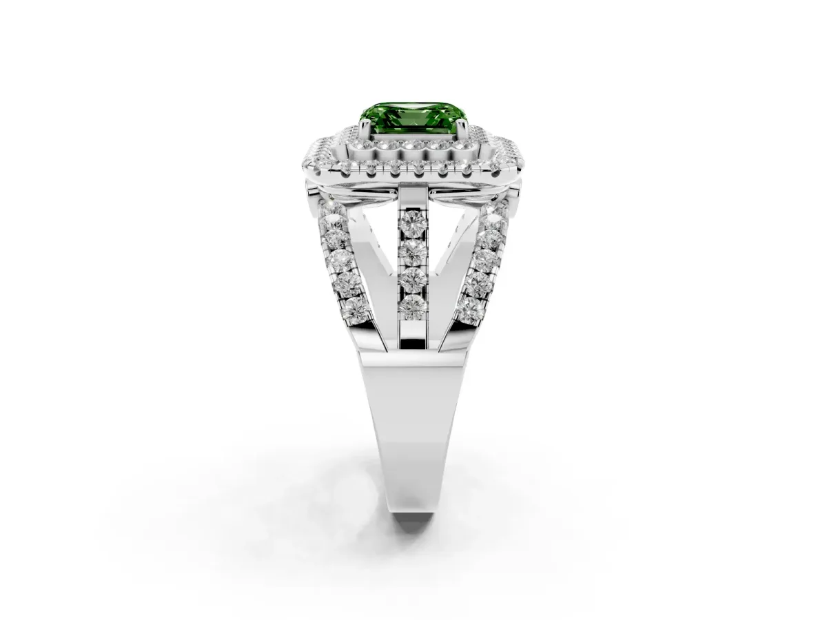 Fancy Green Asscher Cut Diamond Double Halo Ring with Round Pavé Split Shank and Prong Setting Silver