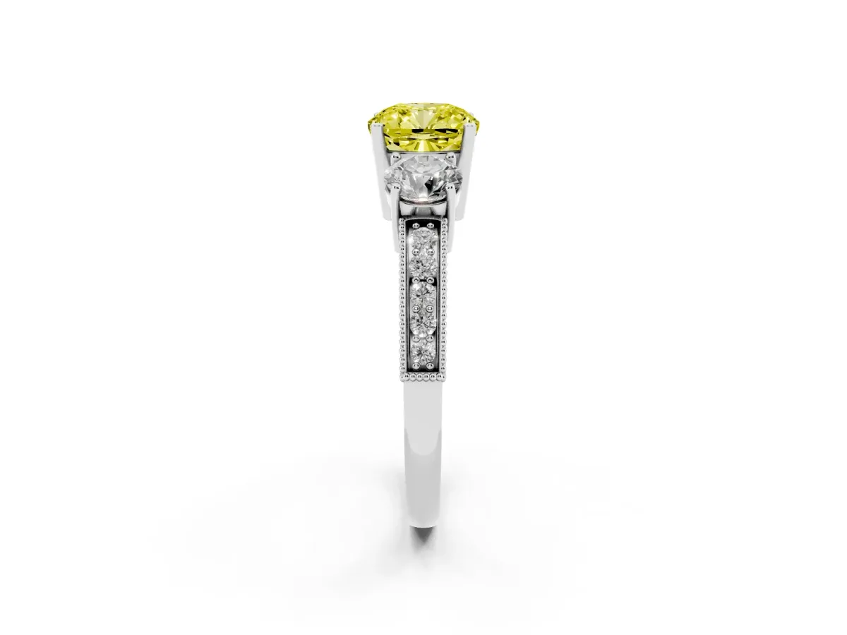 Fancy Yellow Cushion Cut Three-Stone Diamond Ring with Pavé Band and Four-Prong Setting Silver