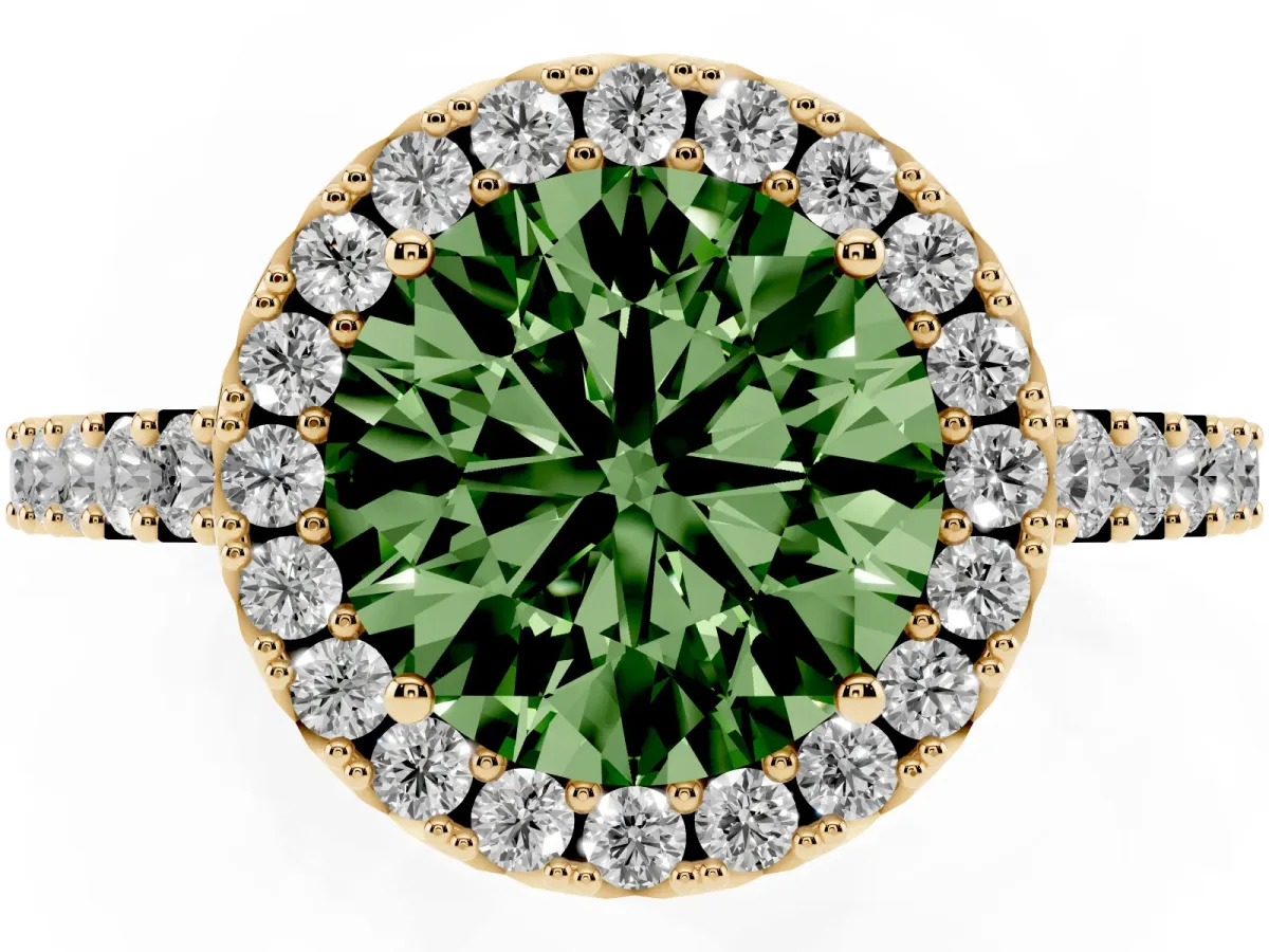 Fancy Green Round Cut Halo Diamond Pavé Solitaire Ring Yellow gold