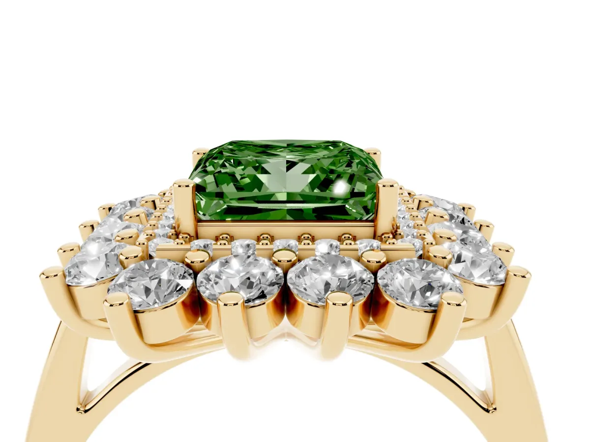 Fancy Green Princess Cut Diamond Floral Double Halo Engagement Ring with Prong Setting Yellow gold