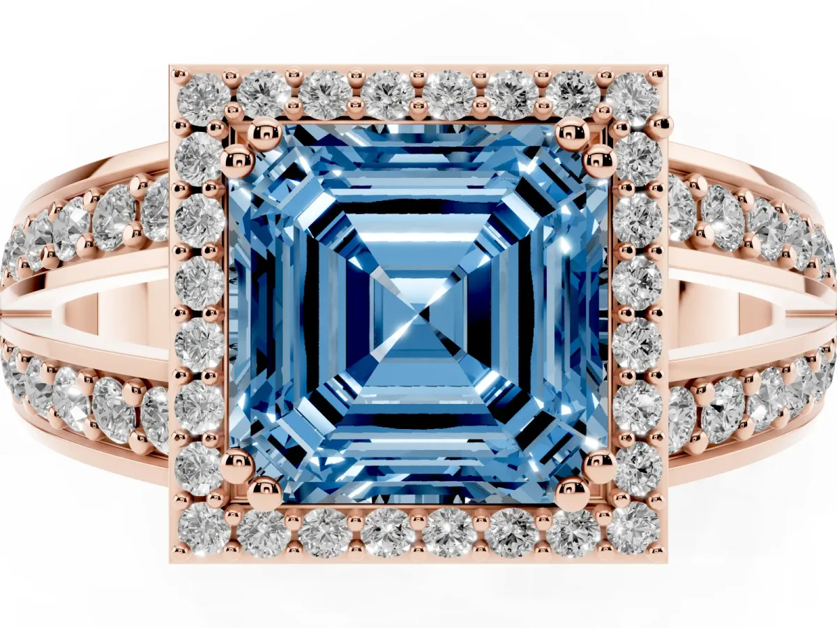 Fancy Blue Asscher Cut Diamond Halo Ring with Split Shank Pavé Band and Four-Prong Setting Rose gold