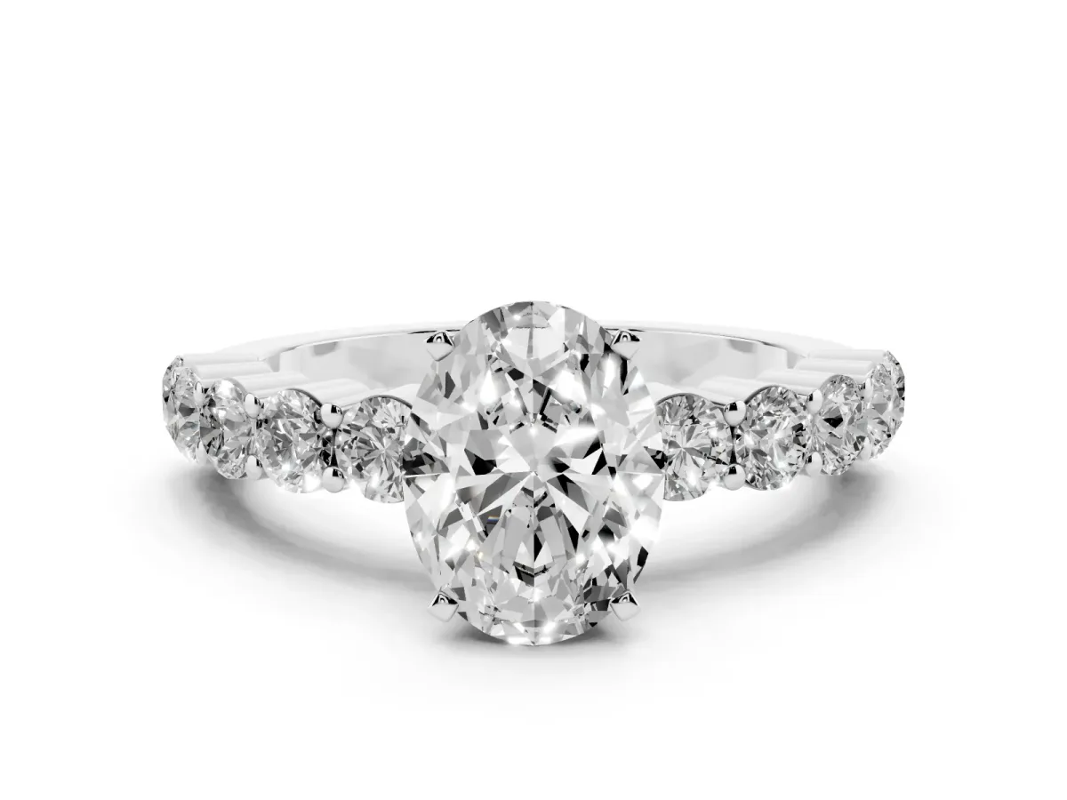 Oval Cut Diamond Solitaire Ring with Shared Prong Round Side Stones Silver