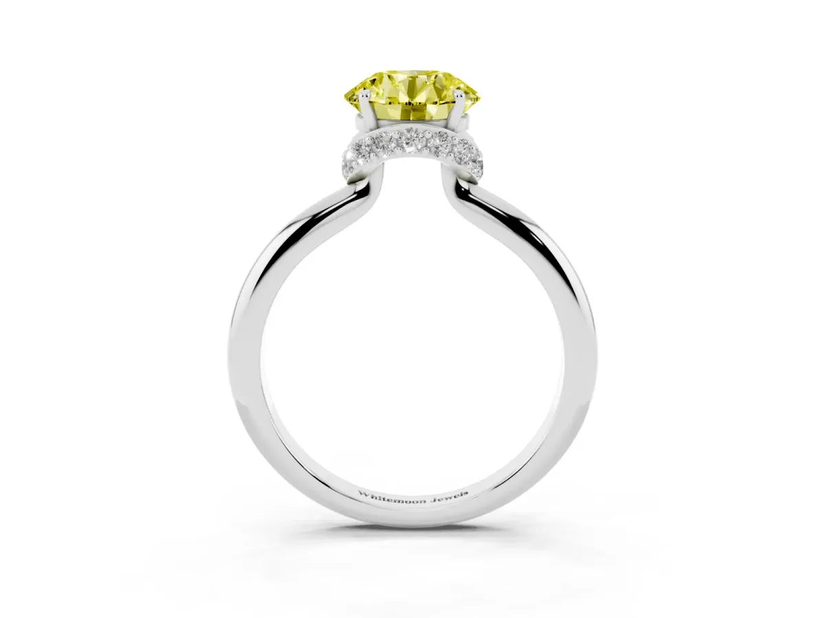 Fancy Yellow Round Cut Brilliant Solitaire Engagement Ring with Six-Prong Setting and Classic Band White gold