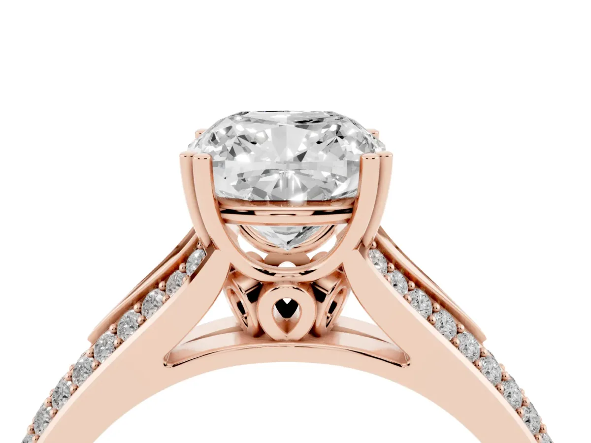Cushion Cut Diamond Split Shank Engagement Ring with Pavé Band Rose gold