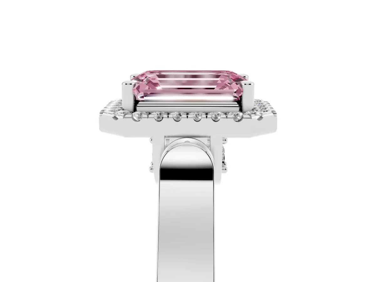 Fancy Pink Emerald Cut Halo Round Diamond Twist Band with Four-Prong Setting Platinum