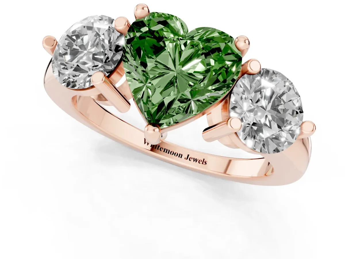 Fancy Green Three-Stone Heart Cut Brilliant Cut Solitaire Ring with Prong Setting on a Classic Band Rose gold