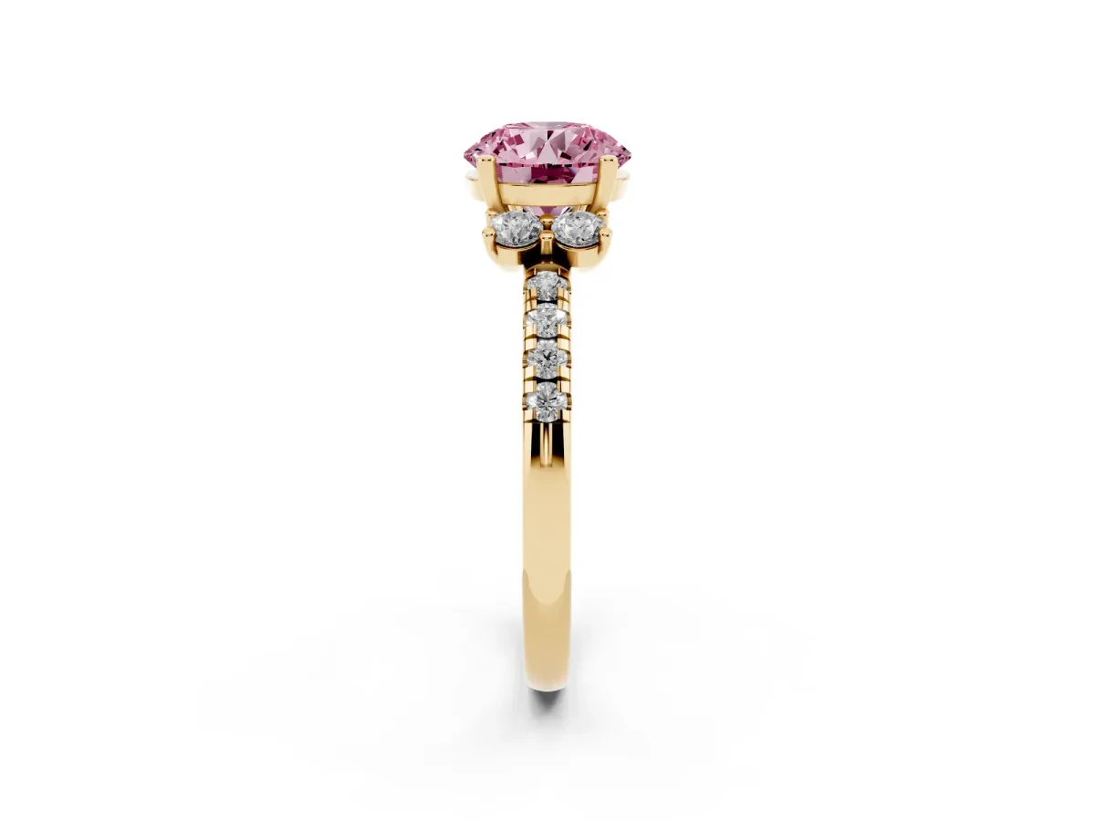 Fancy Pink Round Cut Diamond Three-Stone Pave Band with Four-Prong Setting Yellow gold