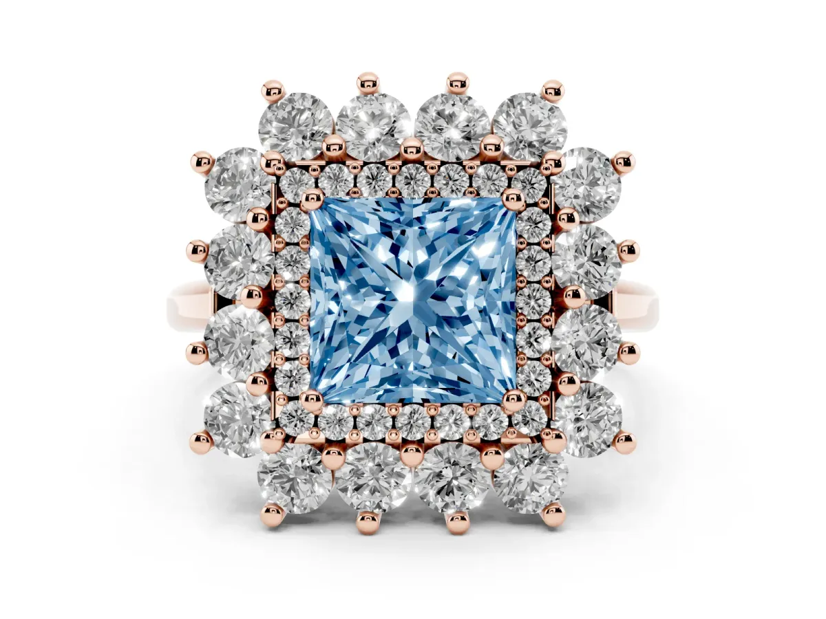Fancy Blue Princess Cut Diamond Floral Double Halo Engagement Ring with Prong Setting Rose gold