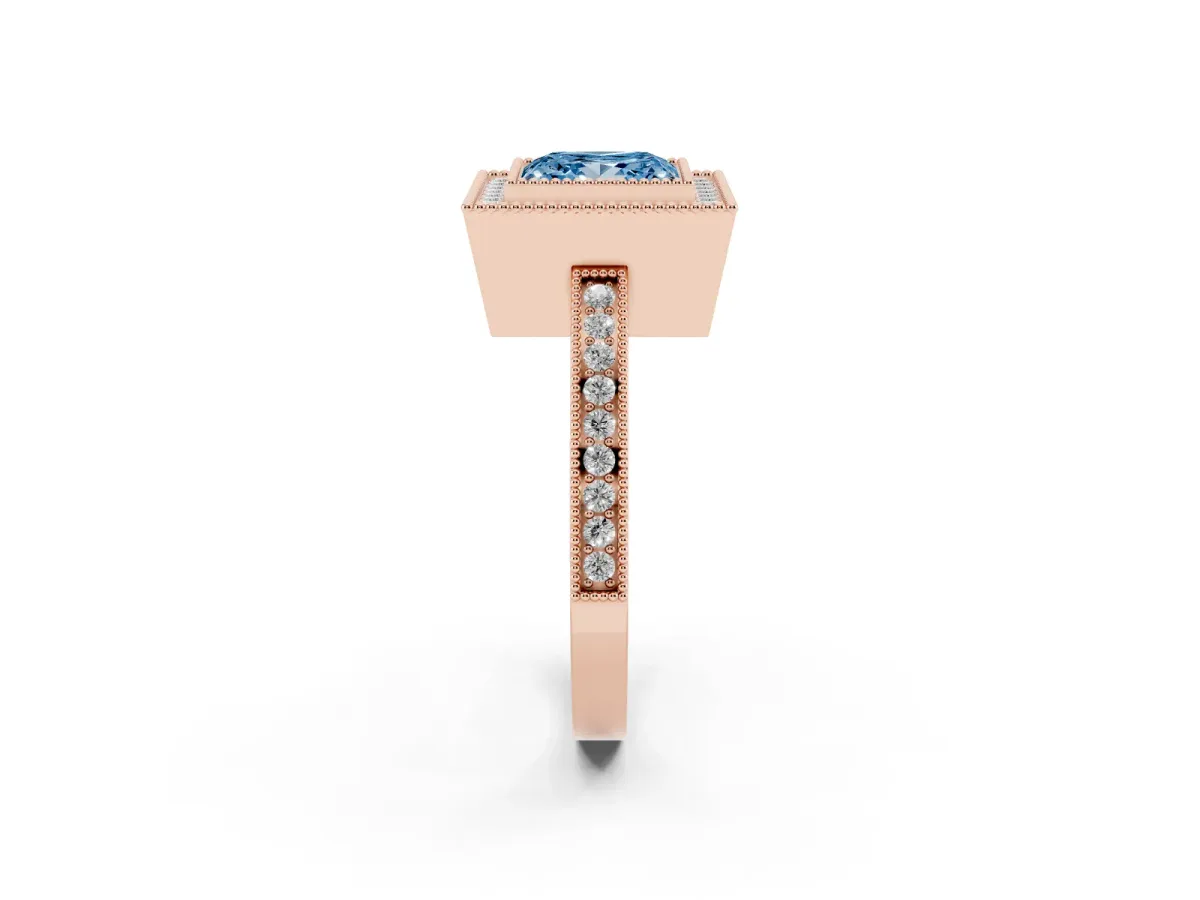 Fancy Blue Princess Cut Cut Halo Diamond Ring with Pavé Band and Milgrain Prong Setting Rose gold