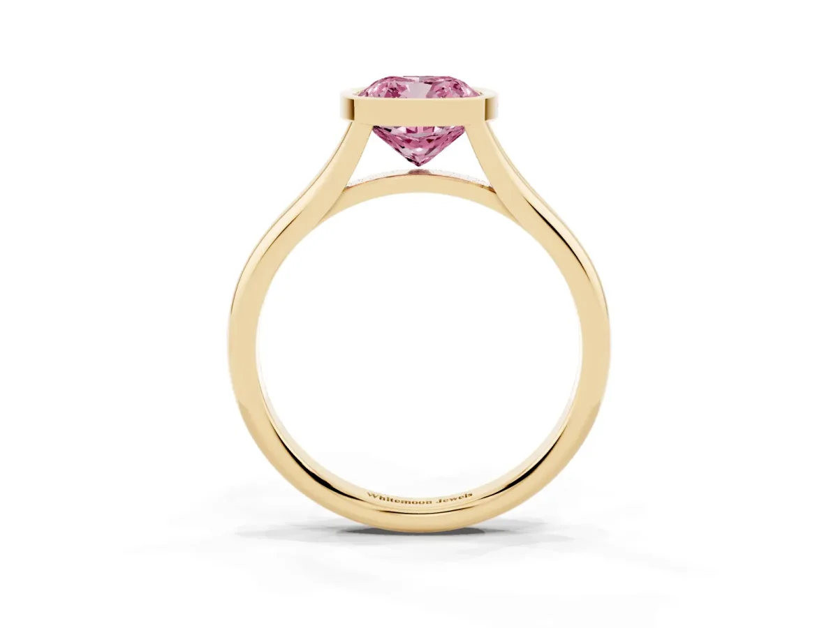 Fancy Pink Bezel Set Cushion Cut Cut Solitaire Ring with Tapered Band Yellow gold