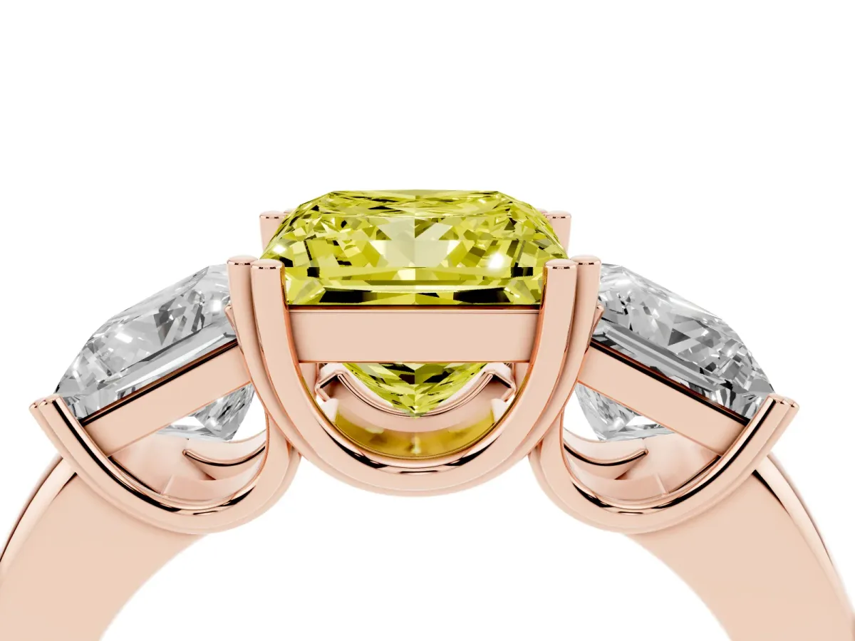 Fancy Yellow Three-Stone Princess Cut Cut Diamond Ring with Channel Set Band and Four-Prong Setting Rose gold