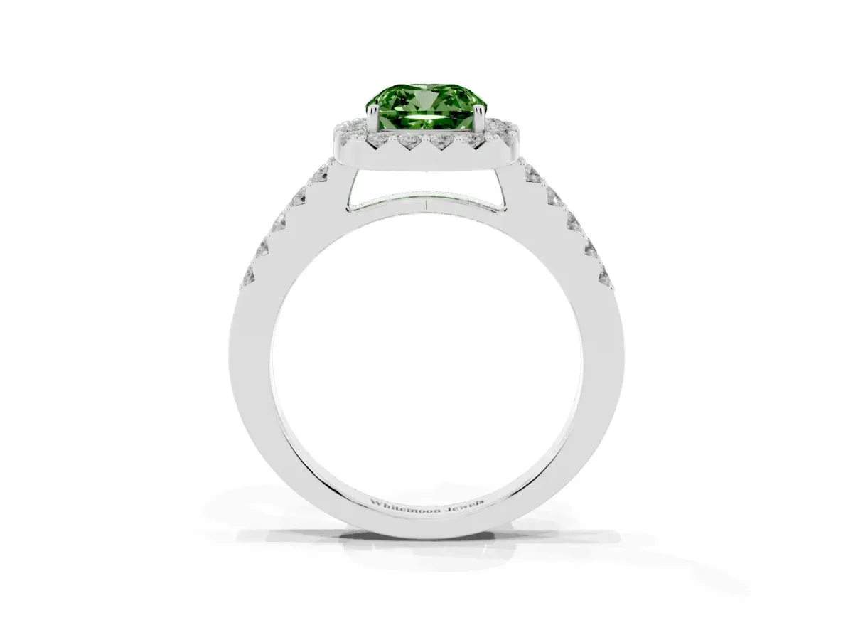 Fancy Green Cushion Cut Halo Diamond Pavé Solitaire Ring Platinum
