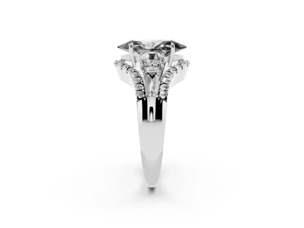 Fancy Black Three-Stone Marquise Cut Diamond Engagement Ring with Pave Band and Prong Setting Silver