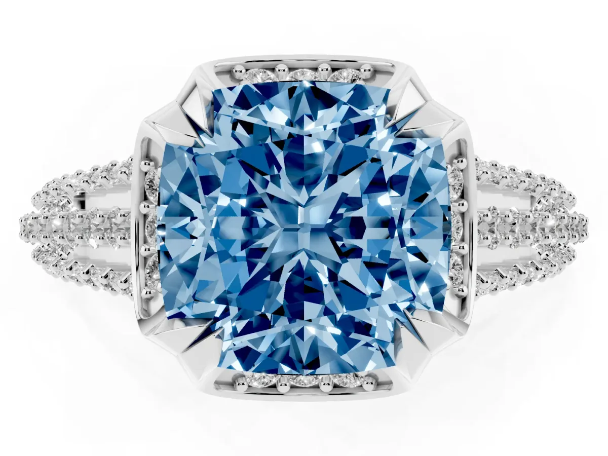 Fancy Blue Cushion Cut Solitaire Pave Split Shank Ring with Four-Prong Setting White gold