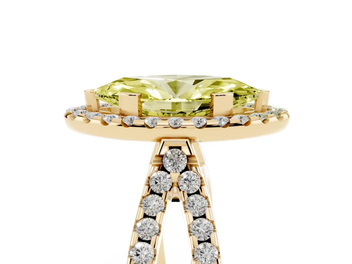 Fancy Yellow Marquise Cut Diamond Halo Ring with Split Shank Pavé Band and Prong Setting Yellow gold