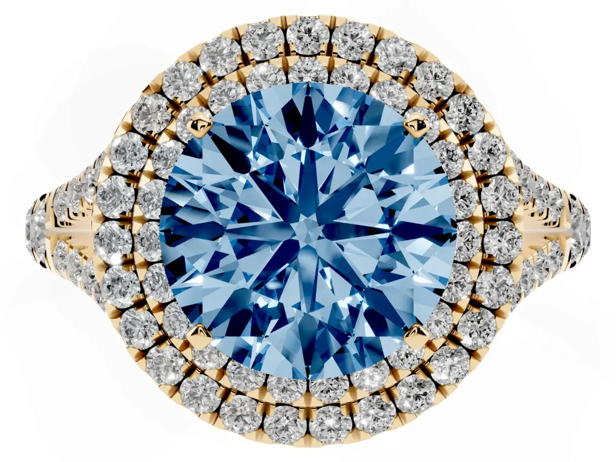 Fancy Blue Round Cut Cut Double Halo Split Shank Diamond Ring with Prong Setting Yellow gold