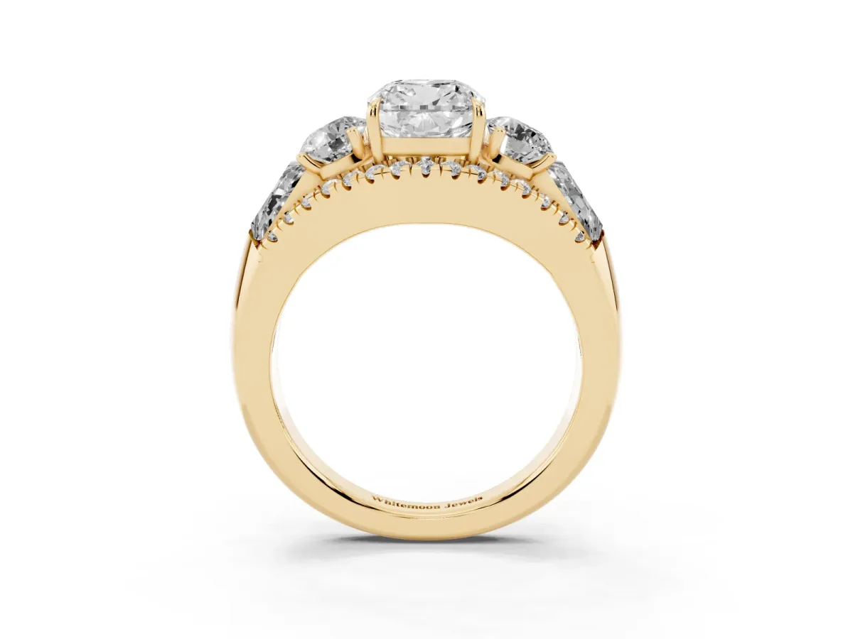 Three-Stone Cushion Cut Diamond Engagement Ring with Pave Band and Prong Setting Yellow gold