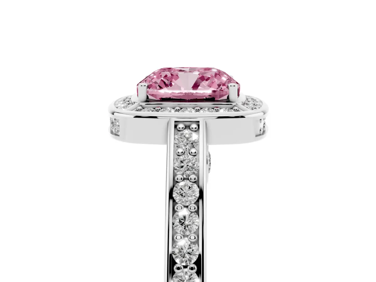 Fancy Pink Cushion Cut Cut Halo Pave Split Shank Prong Setting Ring Platinum