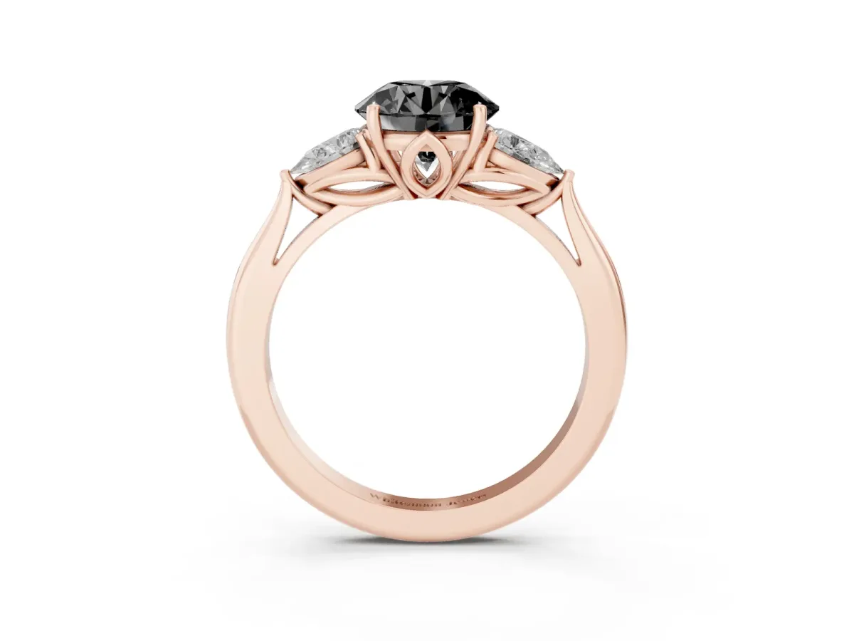 Fancy Black Three-Stone Round Cut Brilliant Diamond Solitaire Ring with Tapered Band and Four-Prong Setting Rose gold