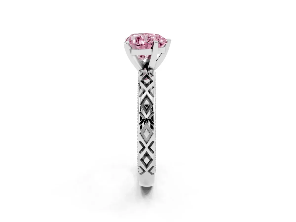 Fancy Pink Heart Cut Solitaire Diamond Ring with Milgrain and Black Enamel X Pattern Band Silver